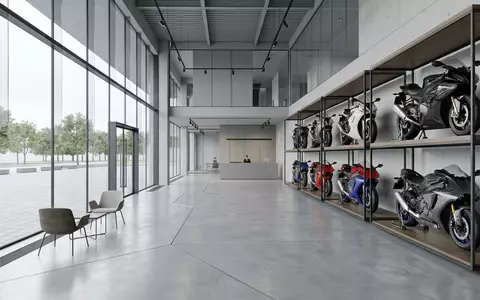 Architektur-Render im Motorradhandel mit Sportmotorrad zum Thema Aprilia RS 660, ISIN DE000PIAG239, neutrales Tageslicht - Foto: THN