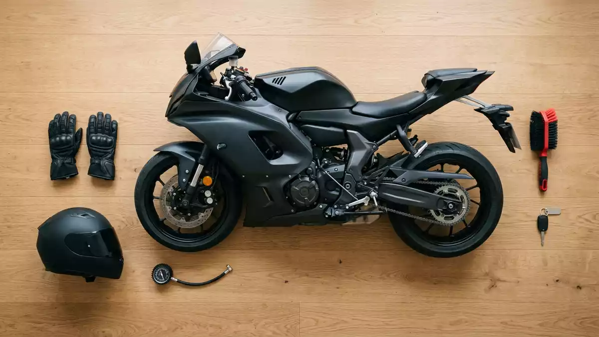 Flatlay-Arrangement rund um Sportmotorrad mit passenden Requisiten von oben, neutral