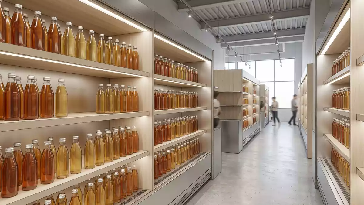 Architektur-Render im Getränkemarkt mit Eisteegetränk im Ausstellungsbereich, neutral