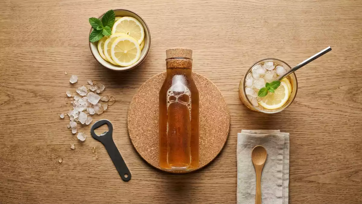 Flatlay-Arrangement rund um Eisteegetränk mit passenden Requisiten von oben, neutral