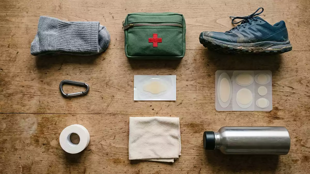 Flatlay-Arrangement rund um Blasenpflaster mit passenden Requisiten von oben, neutral