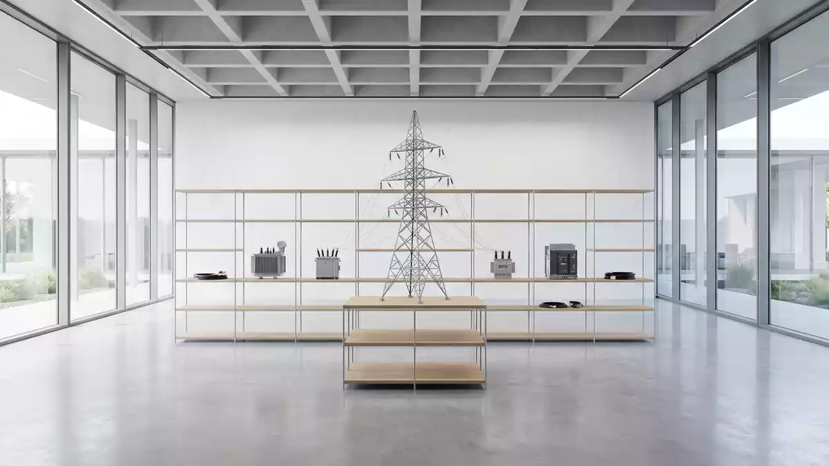 Architektur-Render im Elektrotechnik-Fachhandel mit Stromleitungsmast im Ausstellungsbereich