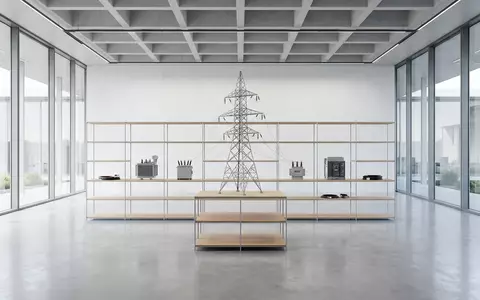 Architektur-Render im Elektrotechnik-Fachhandel mit Stromleitungsmast zum Thema National Grid, ISIN GB00B03MM408, neutrales Tageslicht - Foto: THN