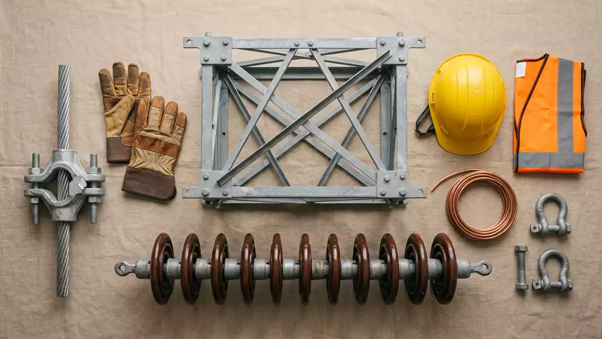 Flatlay-Arrangement rund um Stromleitungsmast mit passenden Requisiten von oben