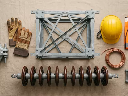 Flatlay-Arrangement rund um Stromleitungsmast zum Thema National Grid, ISIN GB00B03MM408, weiches Oberlicht - Foto: THN