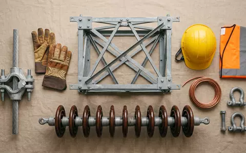 Flatlay-Arrangement rund um Stromleitungsmast zum Thema National Grid, ISIN GB00B03MM408, weiches Oberlicht - Foto: THN