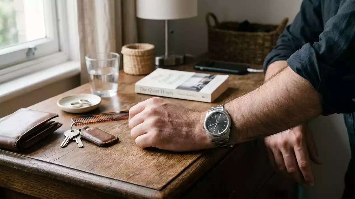 Fotorealistische Ansicht von Armbanduhr im Alltag in realer Umgebung, neutral