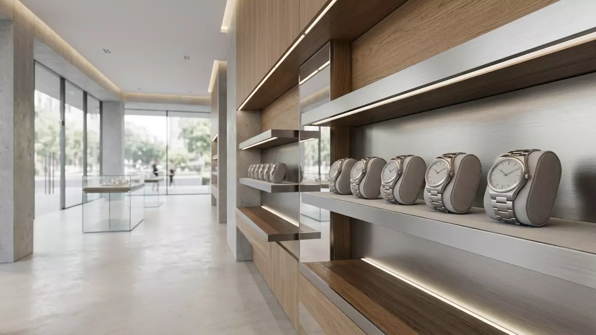 Architektur-Render im Uhrenfachgeschäft mit Armbanduhr im Ausstellungsbereich, neutral