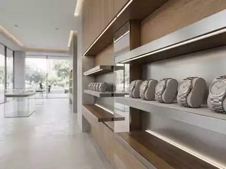 Architektur-Render im Uhrenfachgeschäft mit Armbanduhr zum Thema Tommy Hilfiger Uhr, ISIN US6245801062, neutrales Tageslicht - Foto: THN