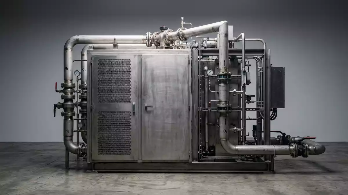 Fotorealistische Studioansicht von Wasserstoffelektrolyseur in neutraler Produktdarstellung