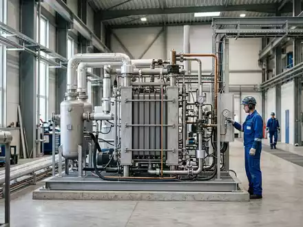 Fotorealistische Aufnahme von Wasserstoffelektrolyseur in der Industrie zum Thema Nel Hydrogen, ISIN NO0010081235, natuerliches Licht - Foto: THN