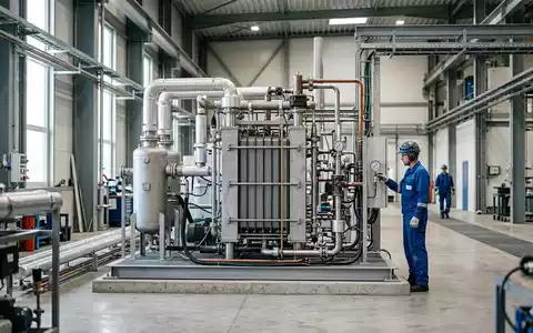 Fotorealistische Aufnahme von Wasserstoffelektrolyseur in der Industrie zum Thema Nel Hydrogen, ISIN NO0010081235, natuerliches Licht - Foto: THN
