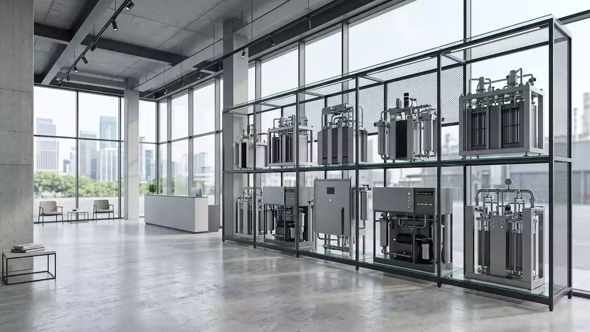 Architektur-Render im Industriebedarf-Fachhandel mit Wasserstoffelektrolyseur