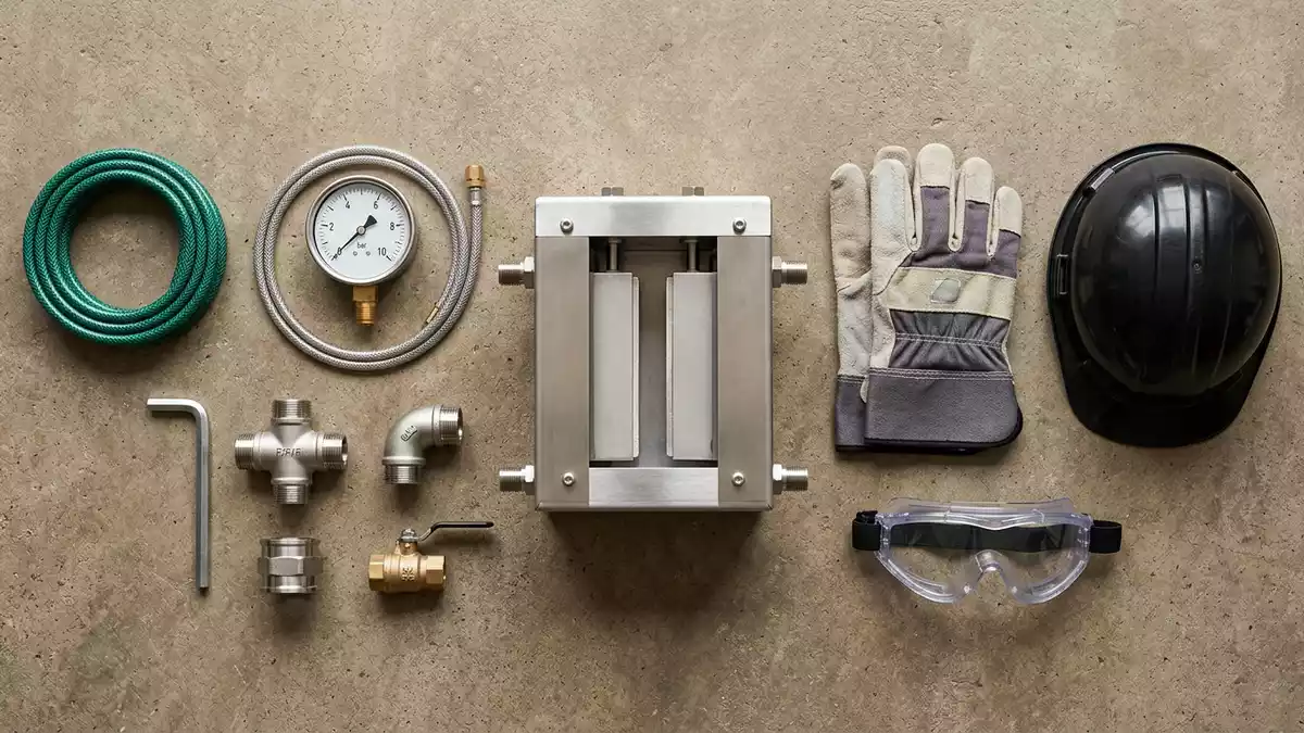 Flatlay-Arrangement rund um Wasserstoffelektrolyseur mit passenden Requisiten von oben