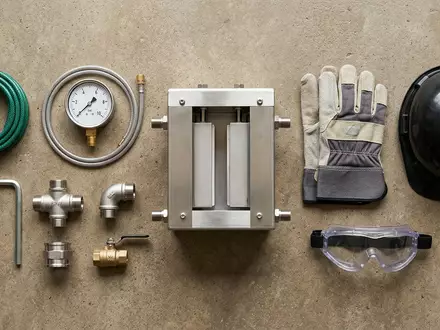 Flatlay-Arrangement rund um Wasserstoffelektrolyseur zum Thema Nel Hydrogen, ISIN NO0010081235, weiches Oberlicht - Foto: THN