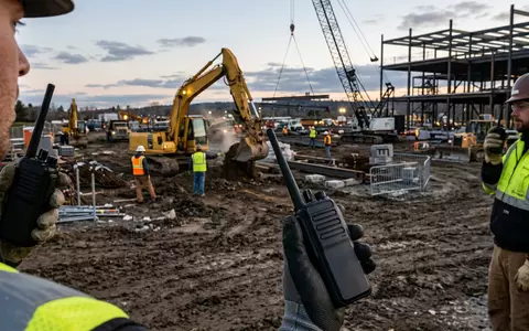 Fotorealistische Aufnahme von Funkgeräte auf der Baustelle zum Thema Motorola Funkgeräte, ISIN US6200763075, natuerliches Licht - Foto: THN