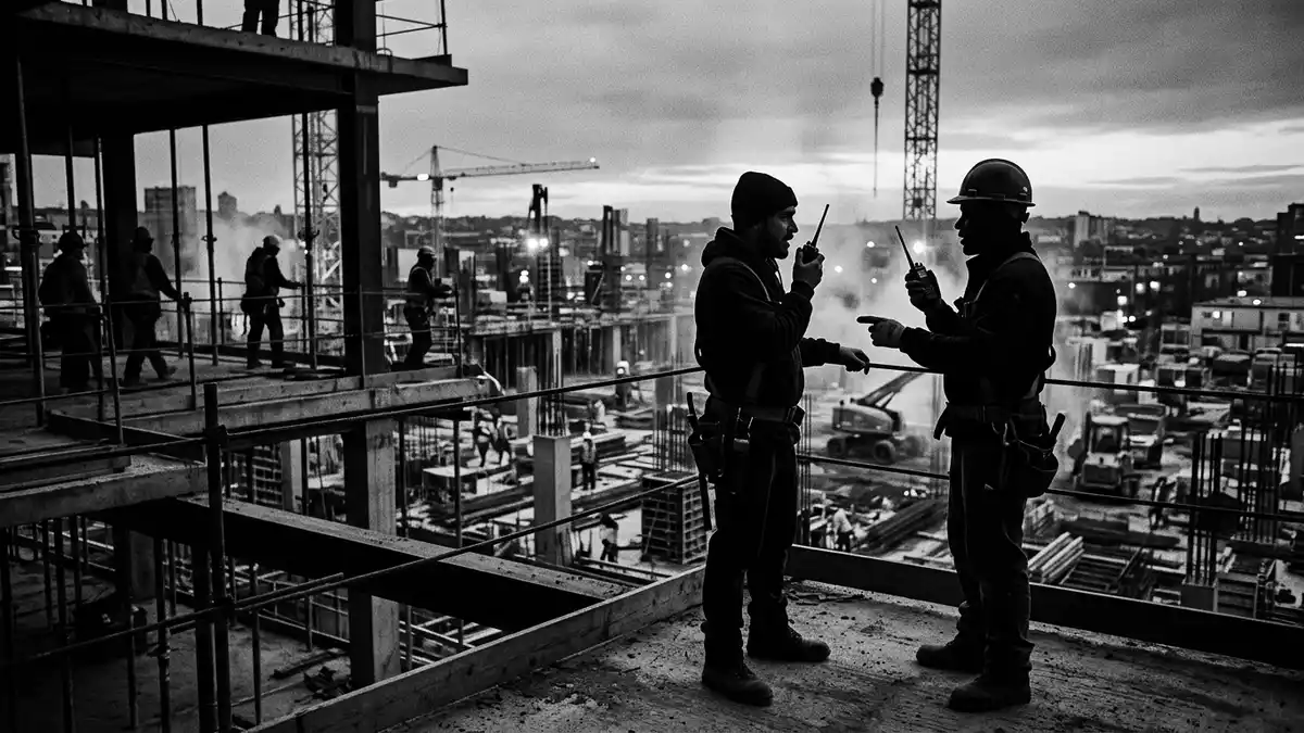 Schwarzweiss-Reportagebild mit Funkgeräte in dokumentarischer Arbeitsumgebung, neutral