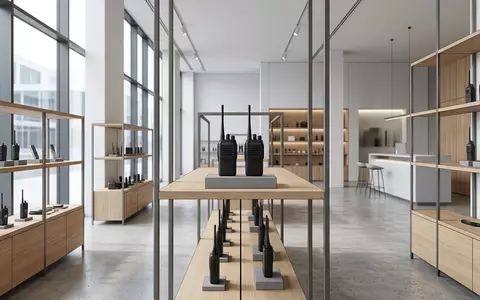 Architektur-Render im Elektronik-Fachmarkt mit Funkgeräte zum Thema Motorola Funkgeräte, ISIN US6200763075, neutrales Tageslicht - Foto: THN