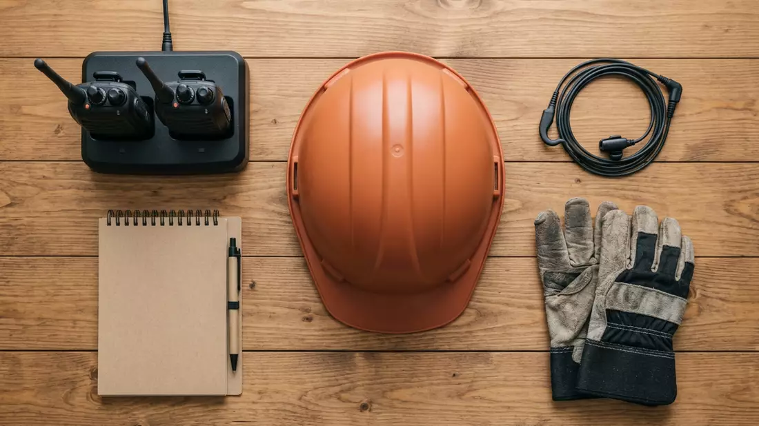 Flatlay-Arrangement rund um Funkgeräte mit passenden Requisiten von oben, neutral