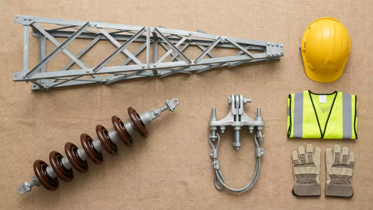 Flatlay-Arrangement rund um Stromleitungsmast mit passenden Requisiten von oben