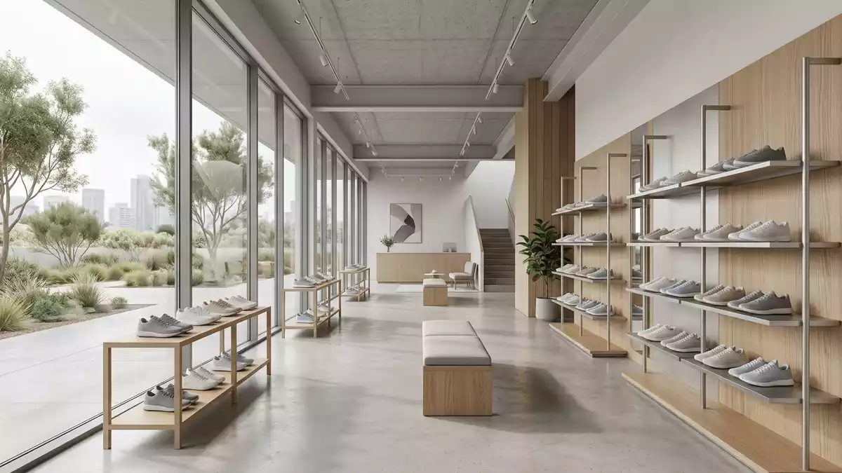 Architektur-Render im Sportgeschäft mit Laufschuh im Ausstellungsbereich, neutral