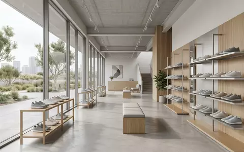 Architektur-Render im Sportgeschäft mit Laufschuh zum Thema Nike Air Max 90, ISIN US6541061031, neutrales Tageslicht - Foto: THN