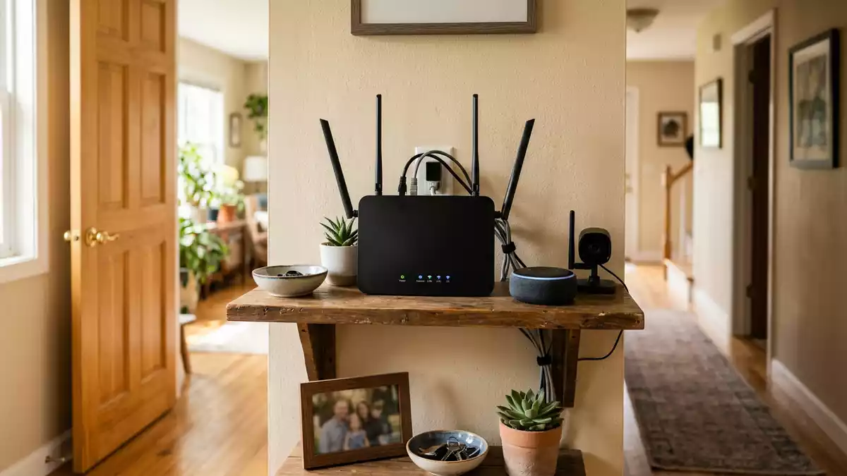 Fotorealistische Ansicht von WLAN-Router zu Hause in realer Umgebung, neutral