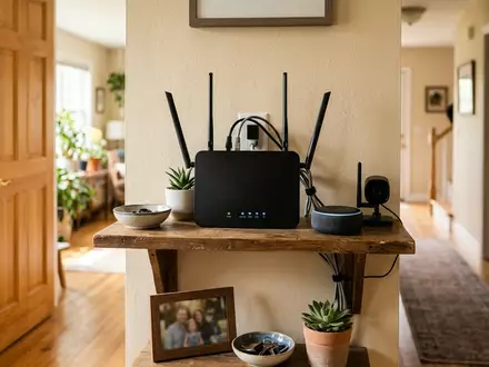 Fotorealistische Aufnahme von WLAN-Router zu Hause zum Thema Netgear Nighthawk Router, ISIN US64111Q1040, natuerliches Licht - Foto: THN