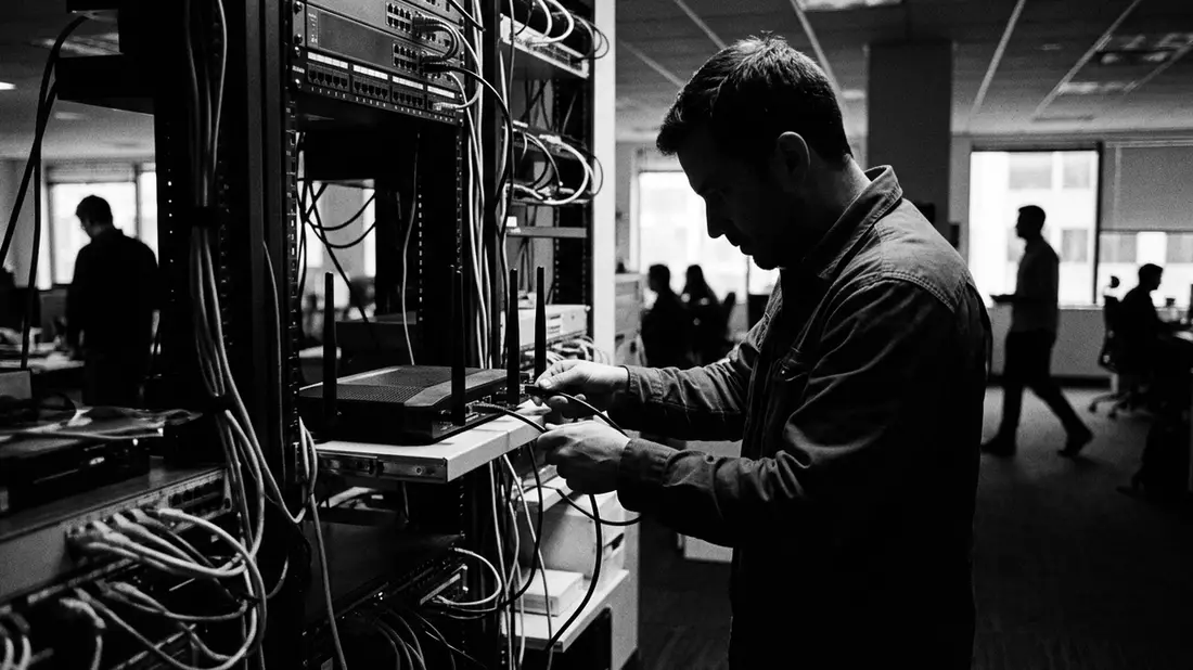 Schwarzweiss-Reportagebild mit WLAN-Router in dokumentarischer Arbeitsumgebung