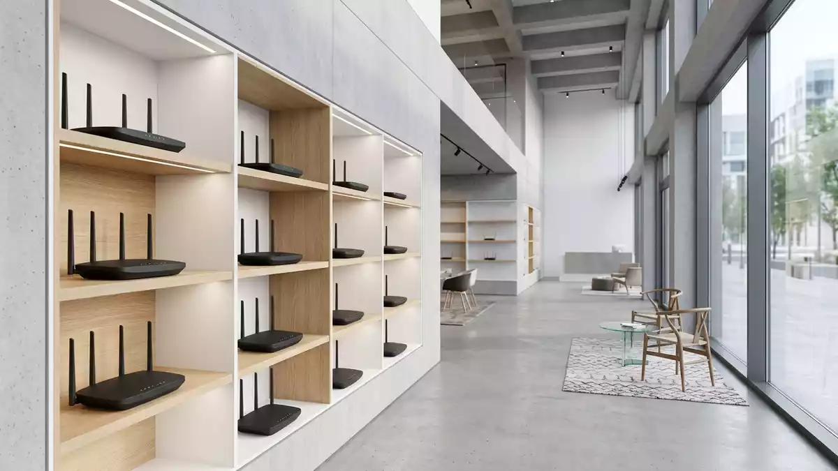 Architektur-Render im Elektronik-Fachmarkt mit WLAN-Router im Ausstellungsbereich