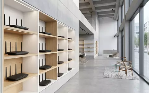 Architektur-Render im Elektronik-Fachmarkt mit WLAN-Router zum Thema Netgear Nighthawk Router, ISIN US64111Q1040, neutrales Tageslicht - Foto: THN