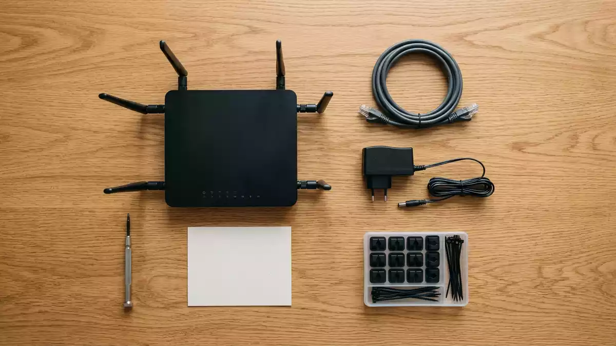 Flatlay-Arrangement rund um WLAN-Router mit passenden Requisiten von oben, neutral
