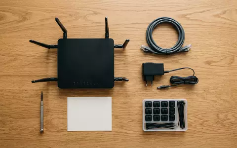 Flatlay-Arrangement rund um WLAN-Router zum Thema Netgear Nighthawk Router, ISIN US64111Q1040, weiches Oberlicht - Foto: THN