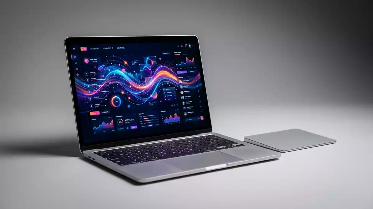 Fotorealistische Studioansicht von Streaming-Laptop in neutraler Produktdarstellung