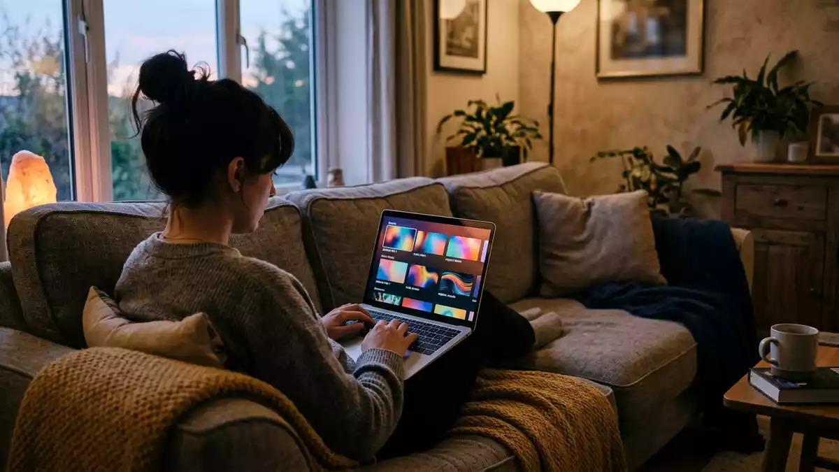 Fotorealistische Ansicht von Streaming-Laptop im Wohnzimmer in realer Umgebung