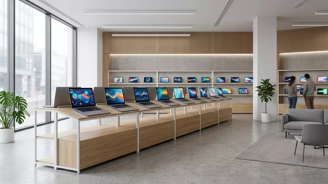 Architektur-Render im Elektronik-Fachmarkt mit Streaming-Laptop im Ausstellungsbereich