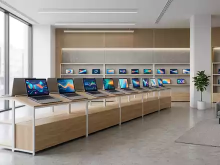 Architektur-Render im Elektronik-Fachmarkt mit Streaming-Laptop zum Thema Netflix Abo, ISIN US64110L1061, neutrales Tageslicht - Foto: THN