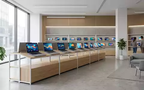 Architektur-Render im Elektronik-Fachmarkt mit Streaming-Laptop zum Thema Netflix Abo, ISIN US64110L1061, neutrales Tageslicht - Foto: THN
