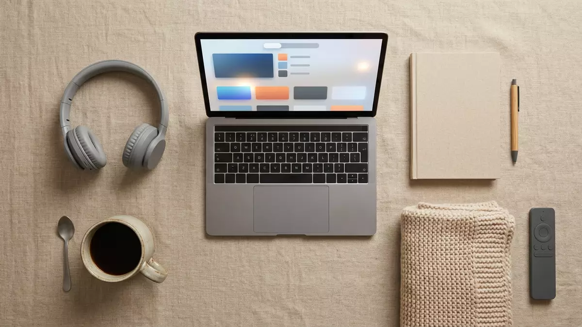 Flatlay-Arrangement rund um Streaming-Laptop mit passenden Requisiten von oben