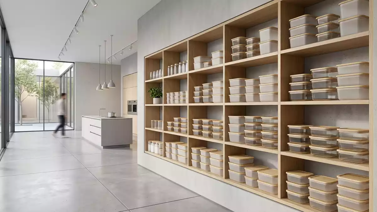 Architektur-Render im Haushaltswaren-Fachhandel mit Vorratsdosen im Ausstellungsbereich