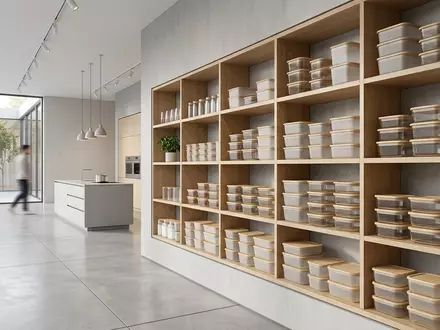 Architektur-Render im Haushaltswaren-Fachhandel mit Vorratsdosen zum Thema Rubbermaid Vorratsdosen, ISIN US6512291062, neutrales Tageslicht - Foto: THN