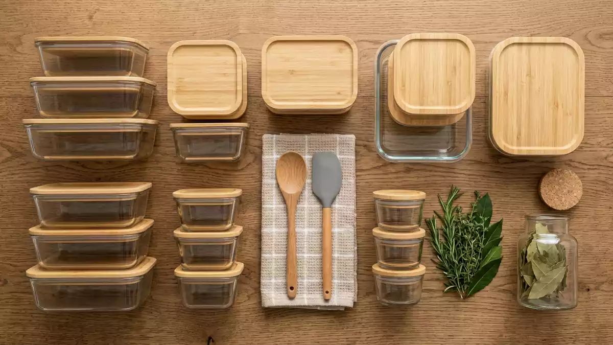 Flatlay-Arrangement rund um Vorratsdosen mit passenden Requisiten von oben, neutral