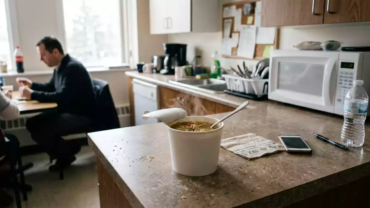 Fotorealistische Ansicht von Instant-Suppenbecher im Büro in realer Umgebung, neutral