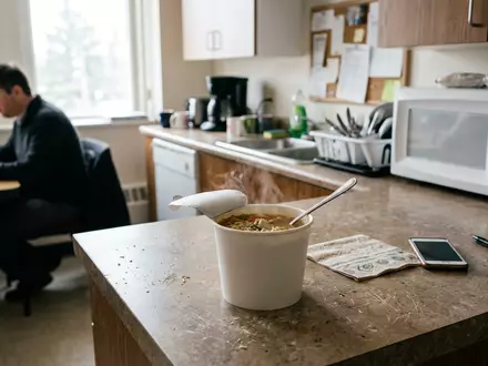 Fotorealistische Aufnahme von Instant-Suppenbecher im Büro zum Thema Maggi 5 Minuten Terrine, ISIN CH0038863350 - Foto: THN