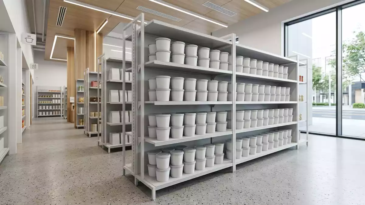 Architektur-Render im Supermarkt mit Instant-Suppenbecher im Ausstellungsbereich