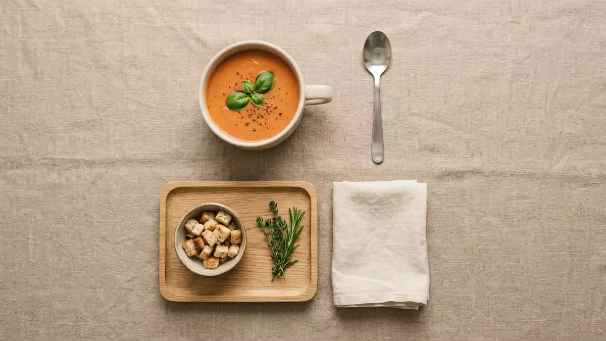 Flatlay-Arrangement rund um Instant-Suppenbecher mit passenden Requisiten von oben