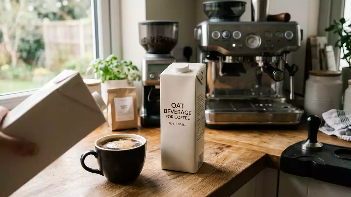 Fotorealistische Ansicht von Haferdrink im Café in realer Umgebung, sachlich dargestellt