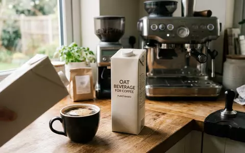 Fotorealistische Aufnahme von Haferdrink im Café zum Thema Oatly Barista, ISIN US67421J1088, natuerliches Licht - Foto: THN