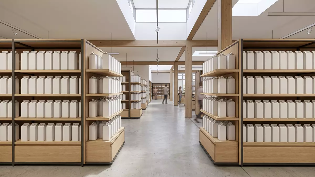 Architektur-Render im Supermarkt mit Haferdrink im Ausstellungsbereich, neutral