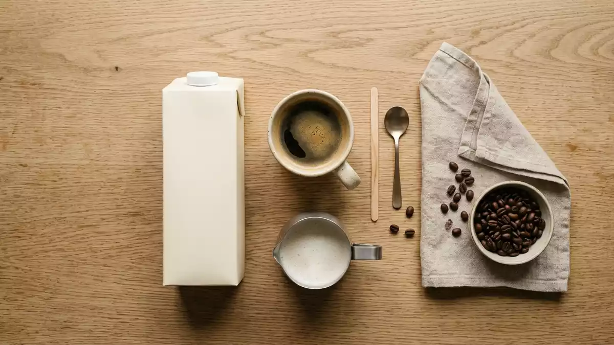Flatlay-Arrangement rund um Haferdrink mit passenden Requisiten von oben, neutral